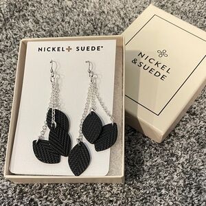 Nickel & Suede Black Leaf Drop Earrings